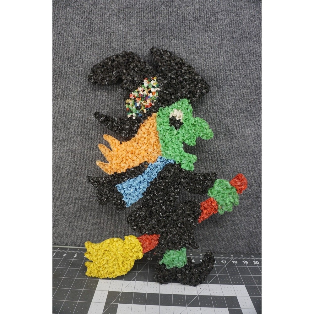 Melted Popcorn Plastic Halloween Witch on Broom Wall Decoration 19x14 VTG
